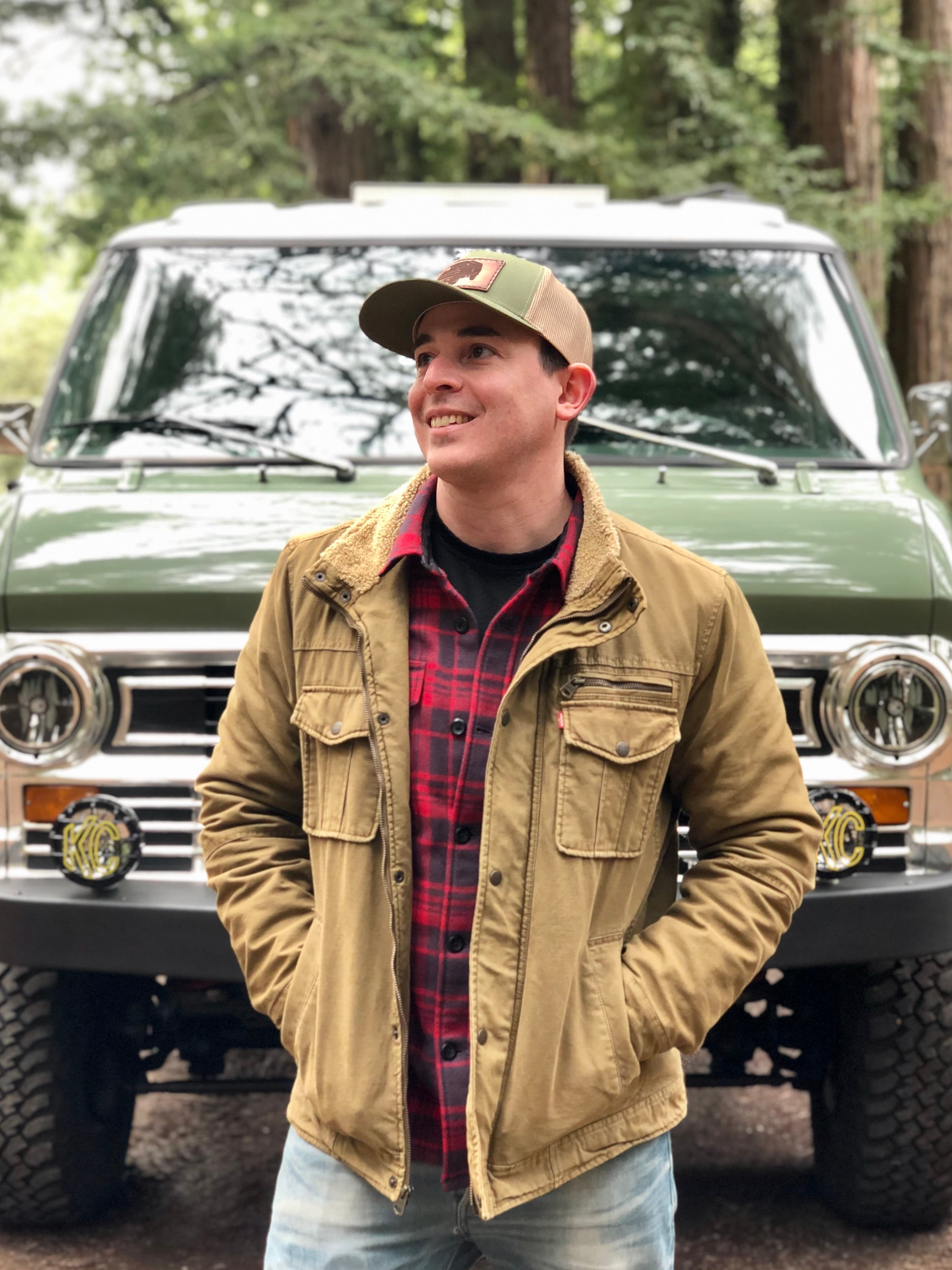 Joe with the 808 van on a camping trip