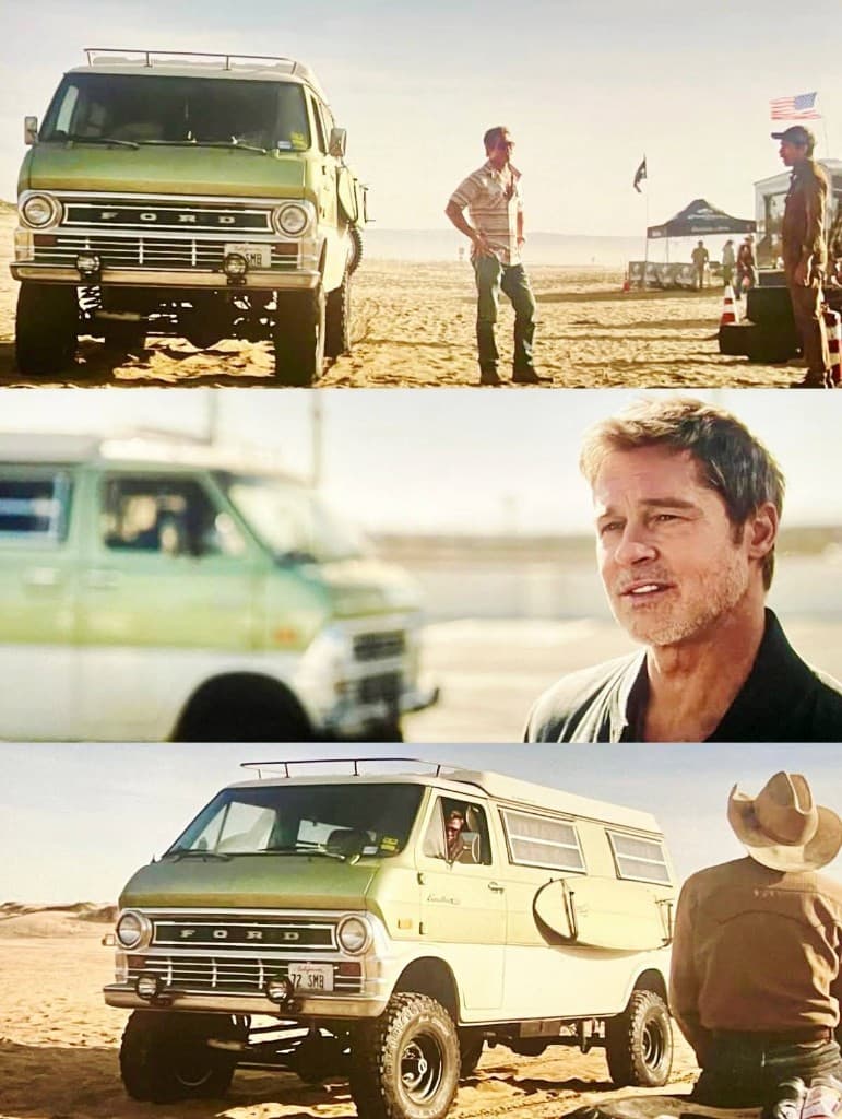 Film stills from F1 starring Brad Pitt: the recreated sage-green and white vintage Ford Sportsmobile camper van on the beach beside Pitt; Pitt with van in soft focus behind; detailed three-quarter view with pop-top, roof rack, and 72 SMB license plate
