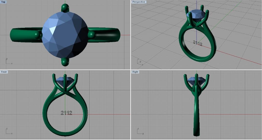 CAD model viewport showing four views (Top, Perspective, Front, Right) of the engagement ring — green wireframe band with compass-set blue diamond, open basket, and thin cathedral shoulders