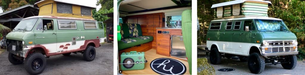 Three photos of the 808Van: restoration-phase exterior with lifted suspension, handcrafted wood interior with bench and hi rug, and finished two-tone exterior with raised pop-top in the woods